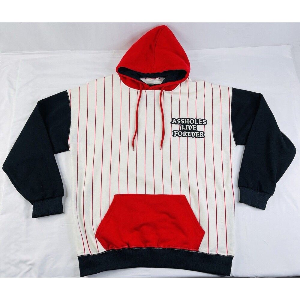 ALF A**Live Forever Pull Over Pinstripe Red White Black Sweatshirt Hoodie Men XL